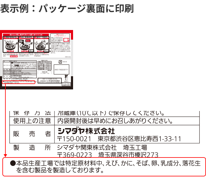 表示例:パッケージ裏面に印刷